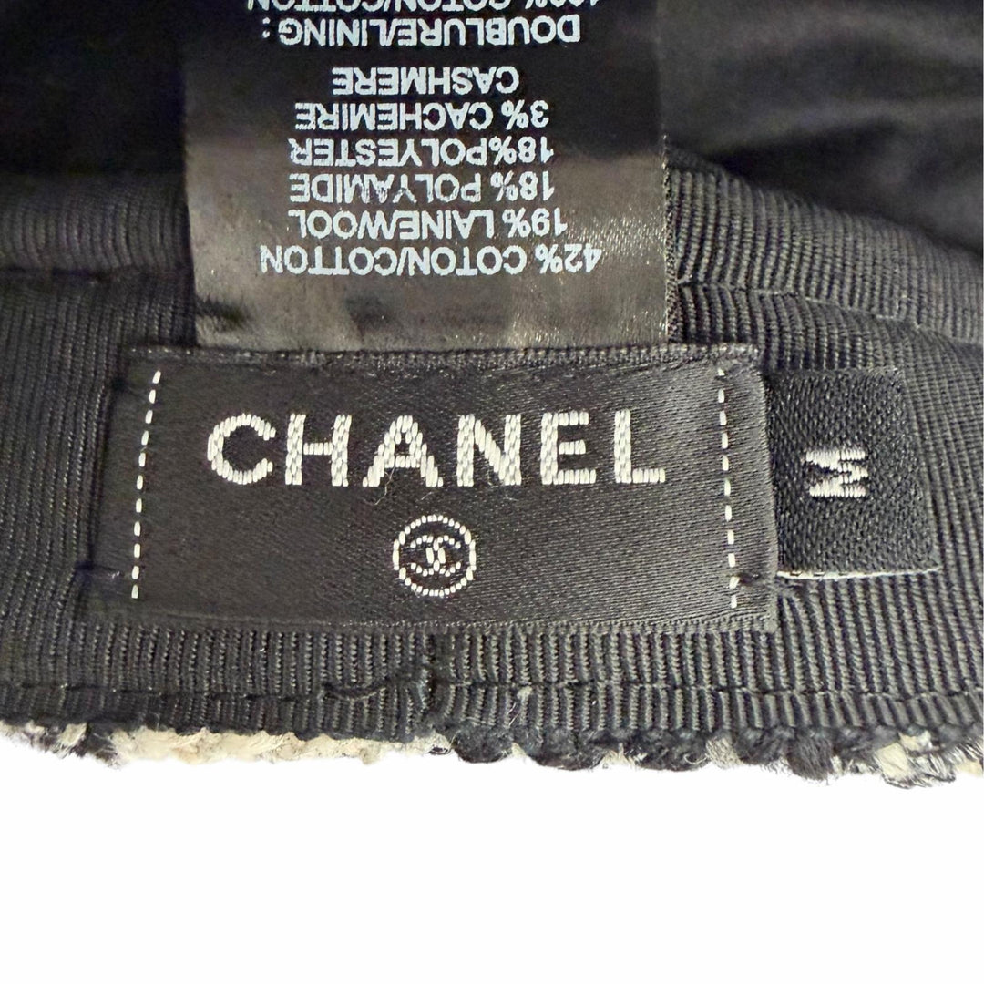 Very Good CHANEL COCO MarkMetal Check Pattern Tweed Casquette Hat beige M 22K