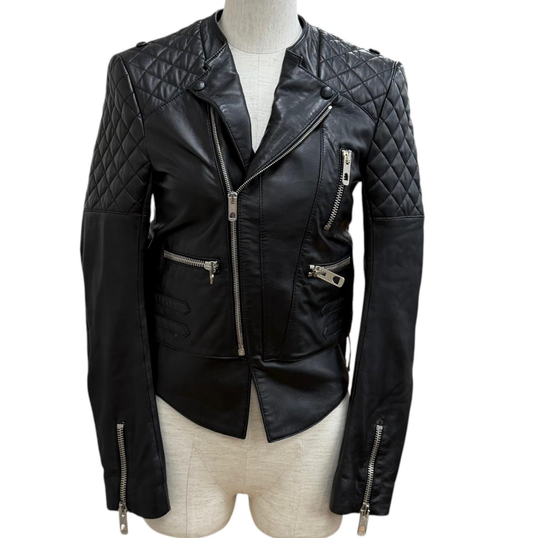 Great BALENCIAGA Leather jacket Quilting design black Sheep leather 36 301194