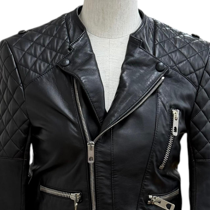 Great BALENCIAGA Leather jacket Quilting design black Sheep leather 36 301194
