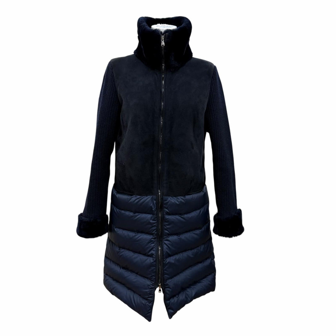 Great EMMETI down coat Knit-paneled long-length zip-up shearling coat Navy 40