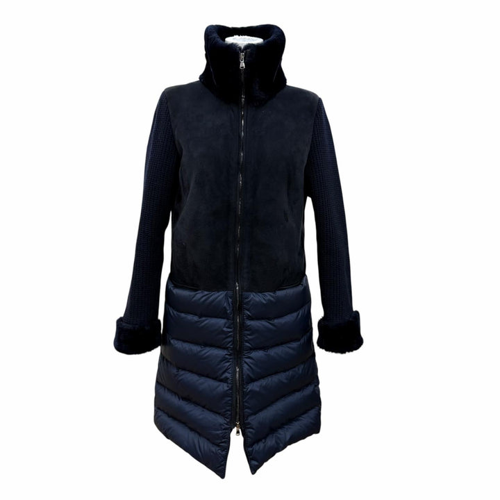 Great EMMETI down coat Knit-paneled long-length zip-up shearling coat Navy 40