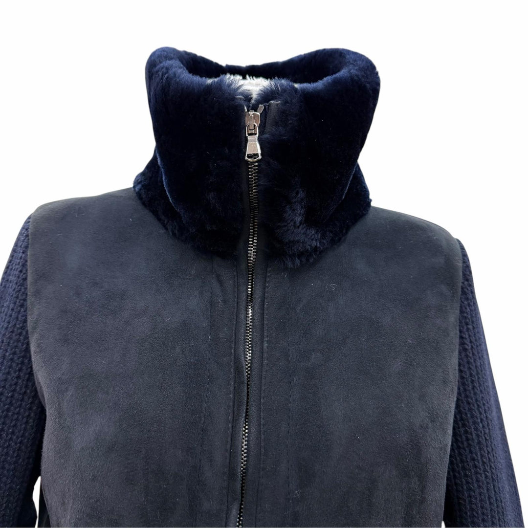 Great EMMETI down coat Knit-paneled long-length zip-up shearling coat Navy 40