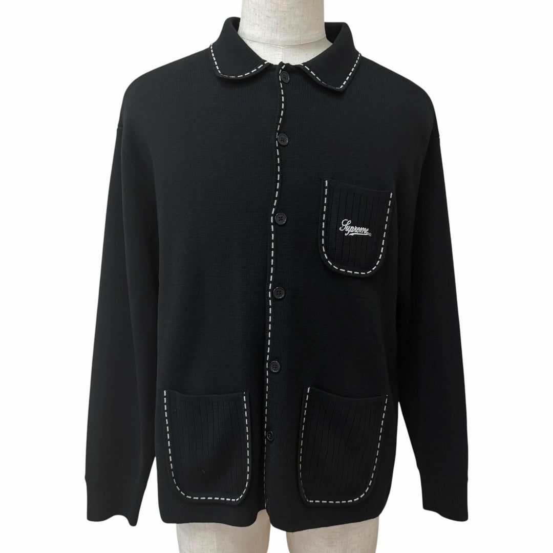 Excellent Supreme knit Contrast Stitch Button Up black wool mens L