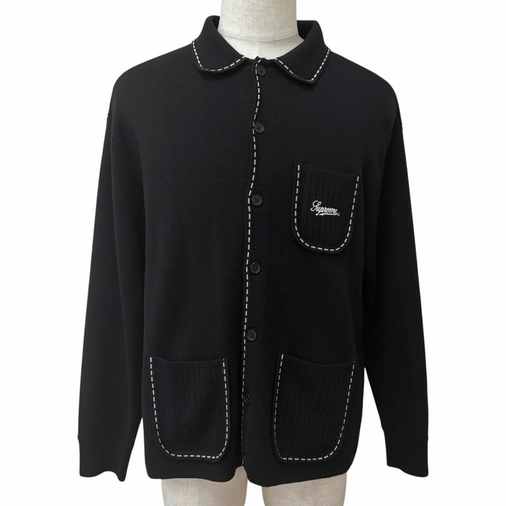 Excellent Supreme knit Contrast Stitch Button Up black wool mens L