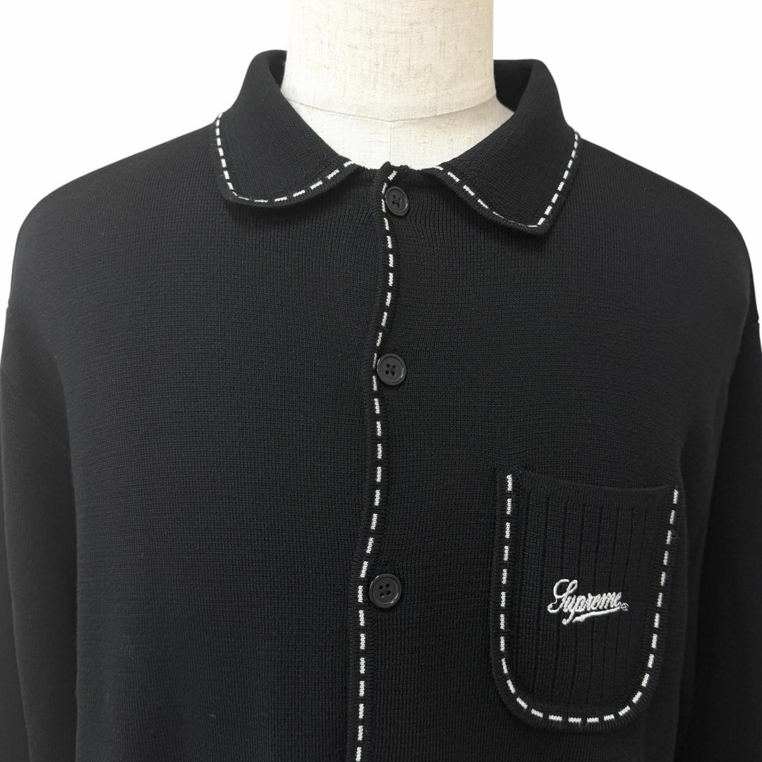 Excellent Supreme knit Contrast Stitch Button Up black wool mens L