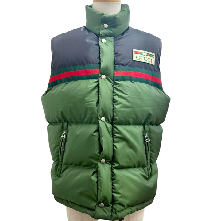 Excellent GUCCI Down vest Web stripe logo patch green Nylon mens 44 698713