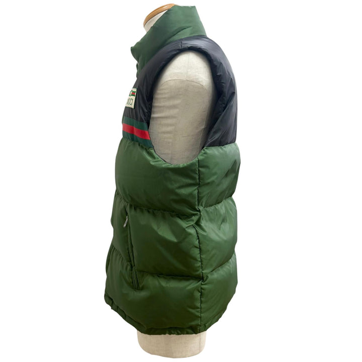 Excellent GUCCI Down vest Web stripe logo patch green Nylon mens 44 698713