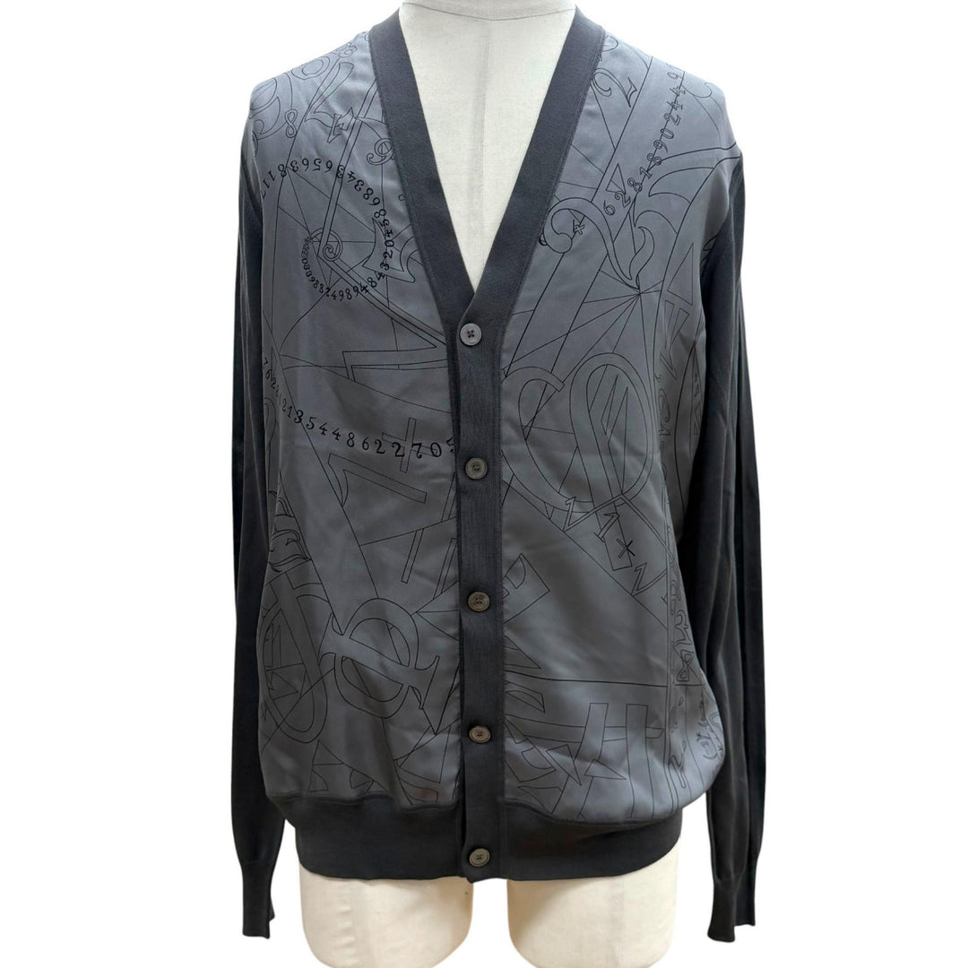 Pristine HERMES cardigan V-neck knit panel gray silk mens L 41-5742