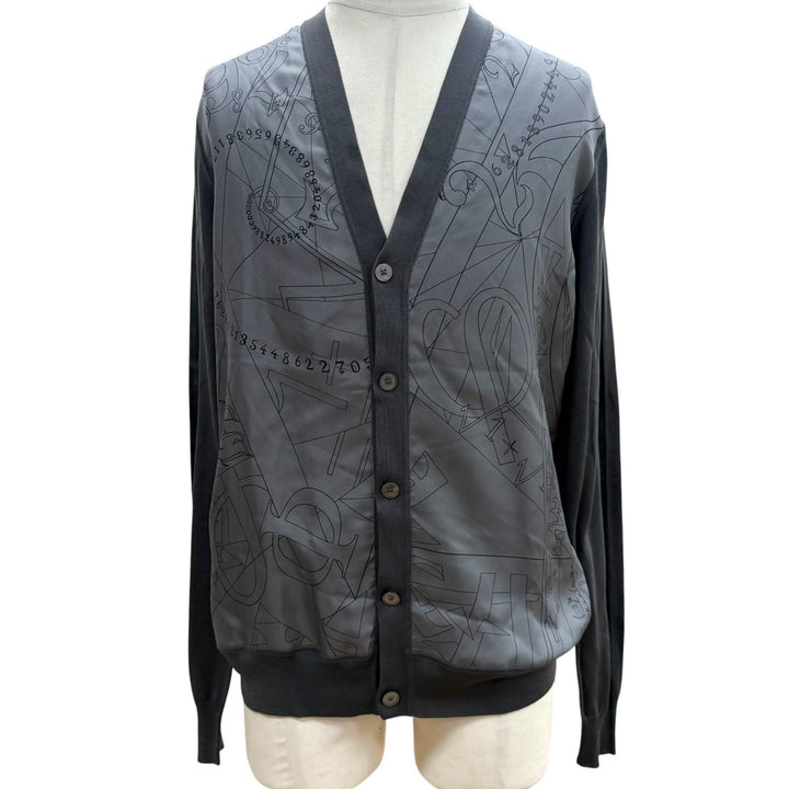 Pristine HERMES cardigan V-neck knit panel gray silk mens L 41-5742