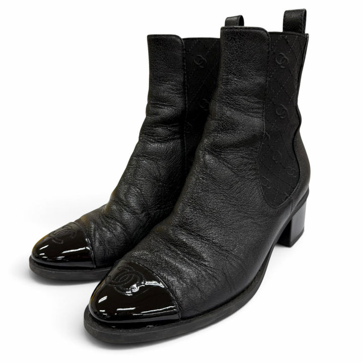 Great CHANEL short boots COCO Mark Side Gore Leather black Women 37.5 G45937