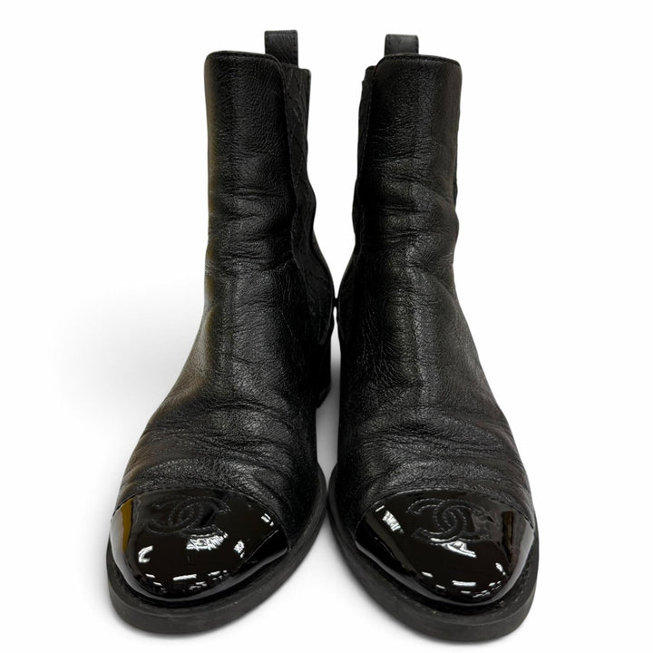Great CHANEL short boots COCO Mark Side Gore Leather black Women 37.5 G45937