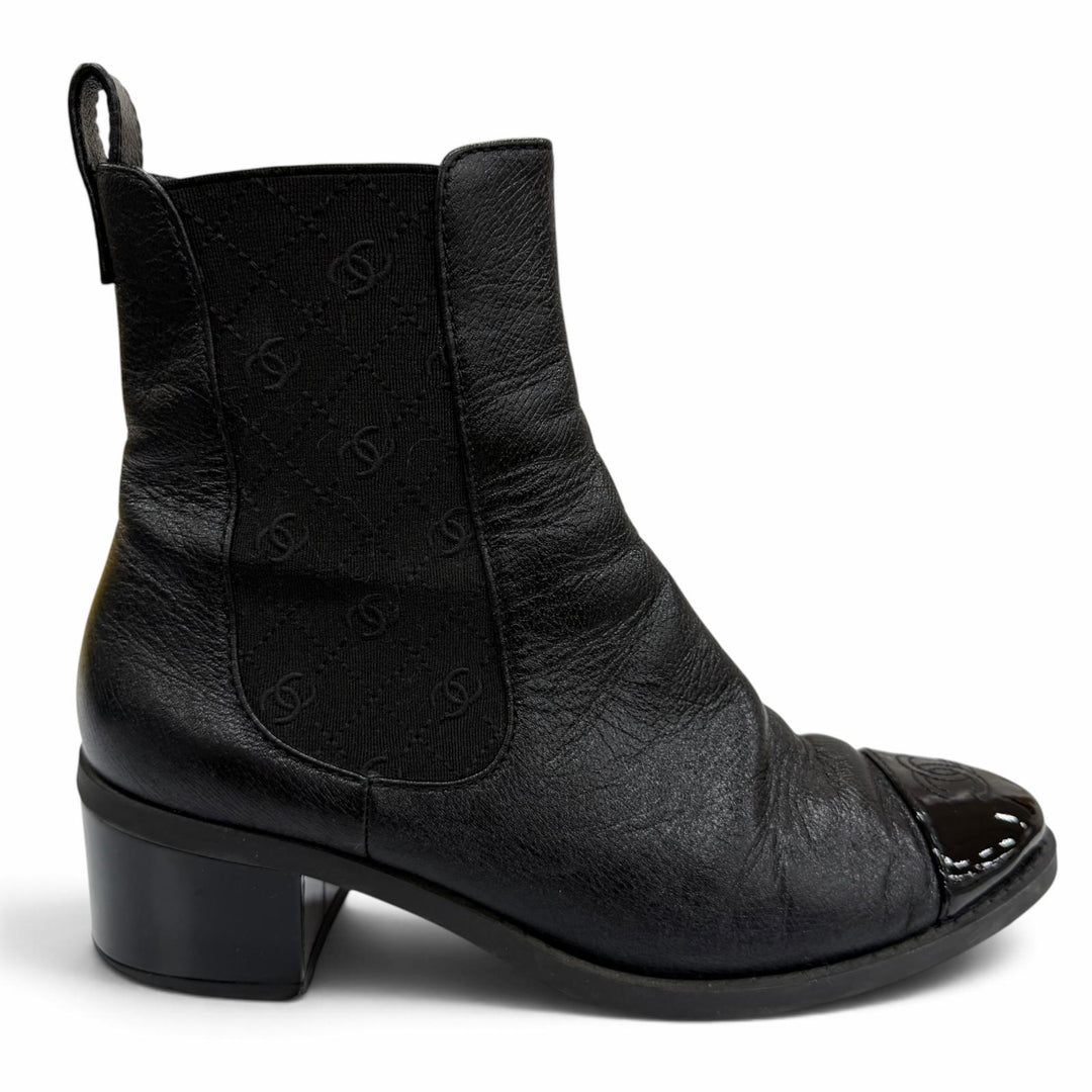 Great CHANEL short boots COCO Mark Side Gore Leather black Women 37.5 G45937