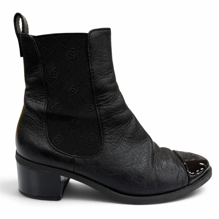 Great CHANEL short boots COCO Mark Side Gore Leather black Women 37.5 G45937