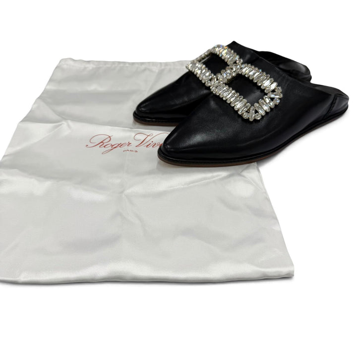 Excellent ROGER VIVIER Mule Babouche crystal buckle black leather Women 38