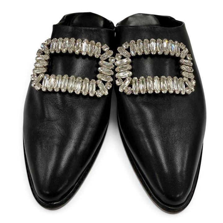 Excellent ROGER VIVIER Mule Babouche crystal buckle black leather Women 38