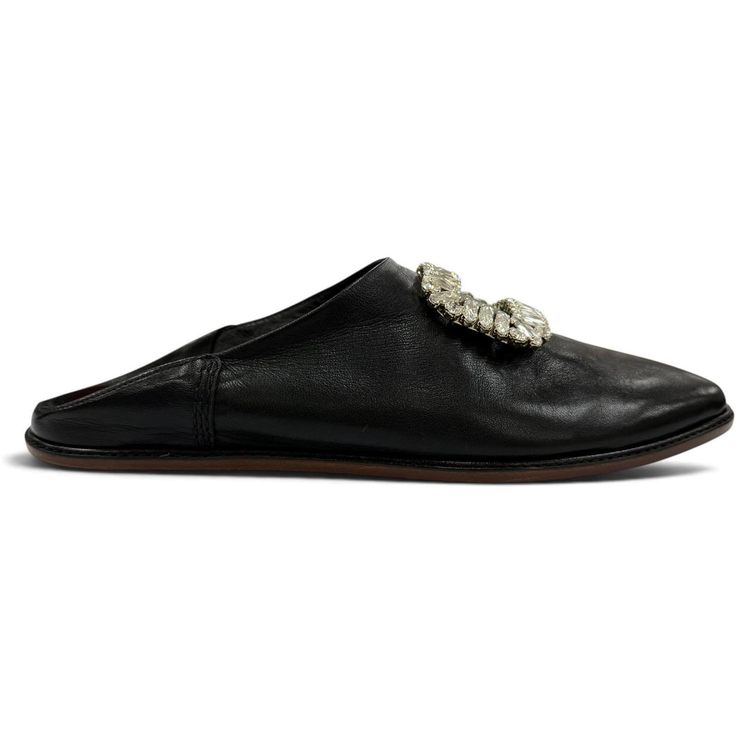 Excellent ROGER VIVIER Mule Babouche crystal buckle black leather Women 38