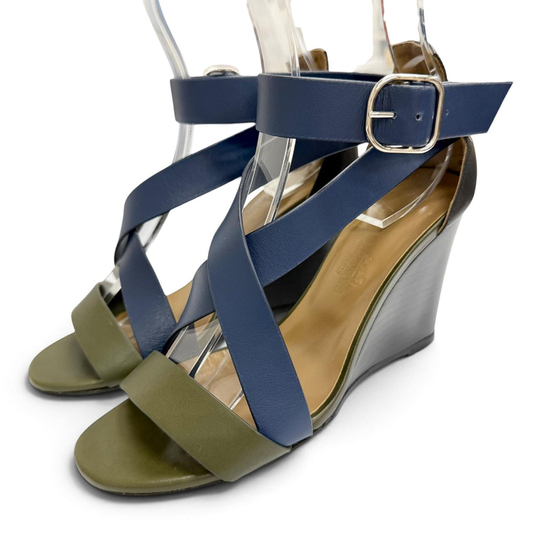 Great HERMES Sandals Cross-strap wedge sandals Navy leather Women 36