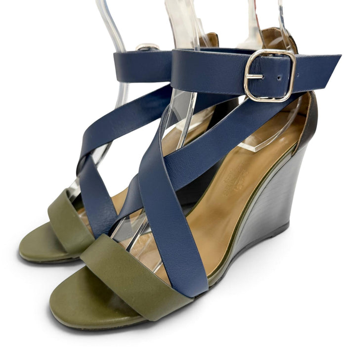 Great HERMES Sandals Cross-strap wedge sandals Navy leather Women 36