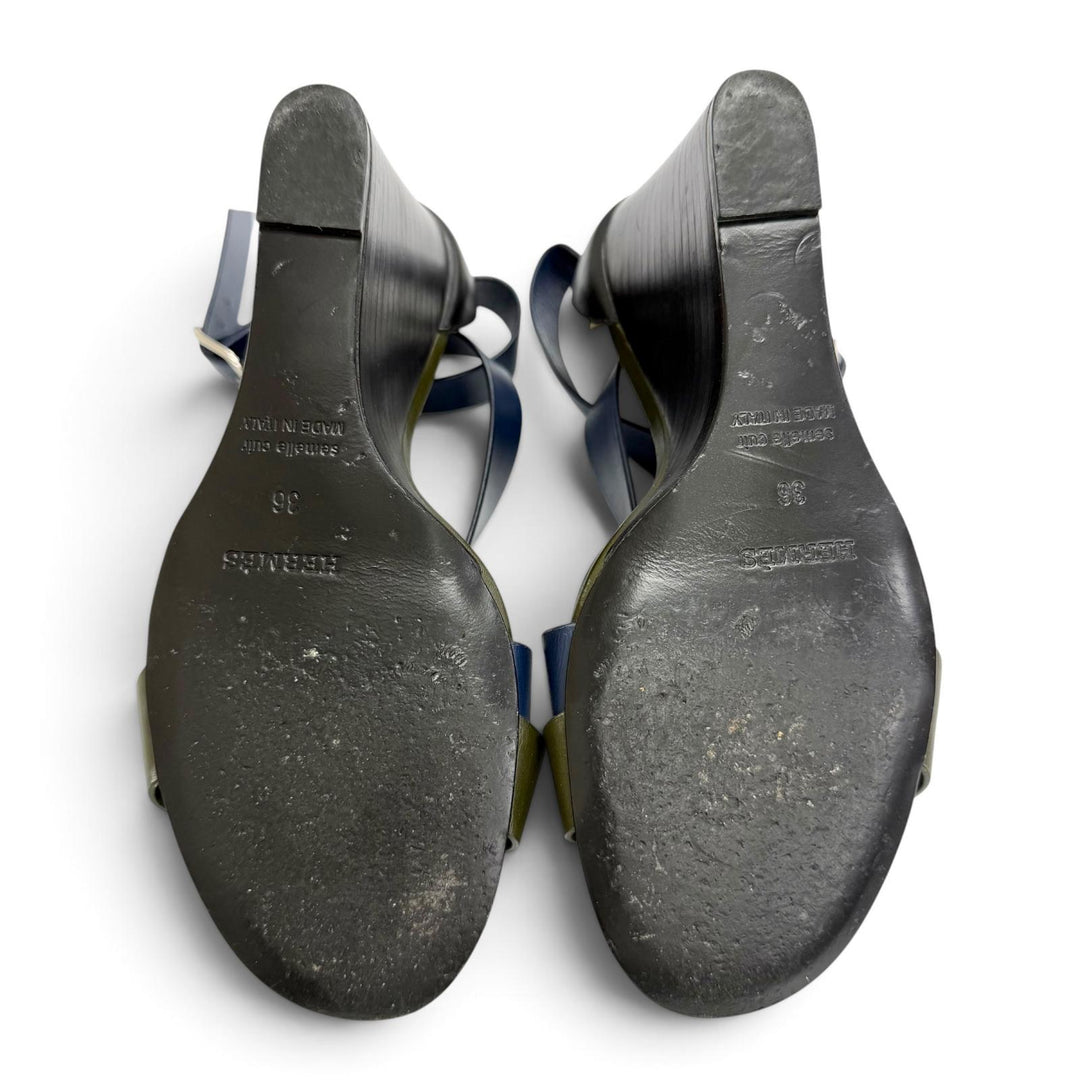 Great HERMES Sandals Cross-strap wedge sandals Navy leather Women 36