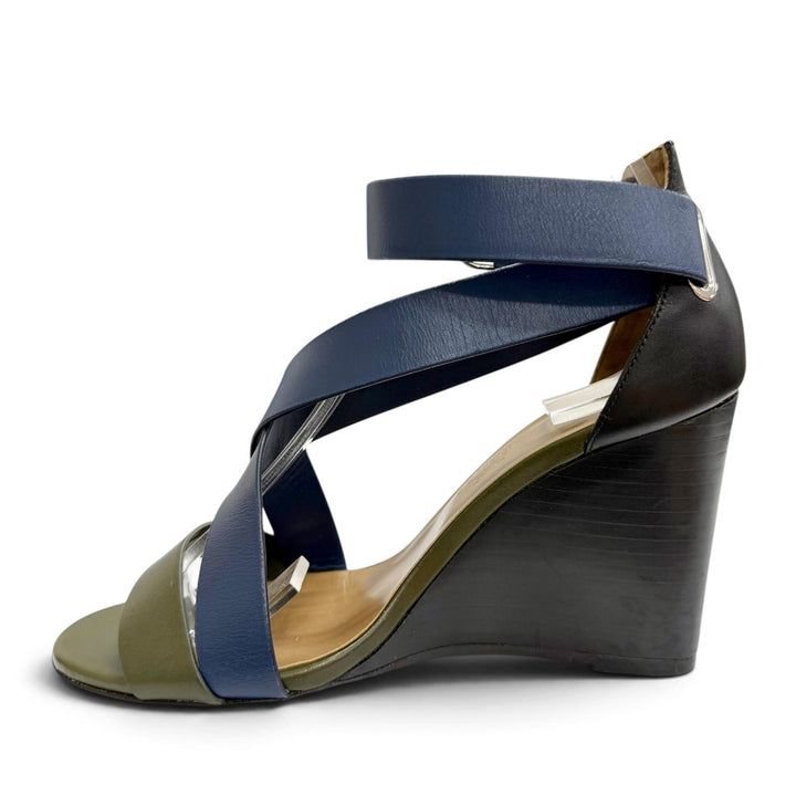 Great HERMES Sandals Cross-strap wedge sandals Navy leather Women 36