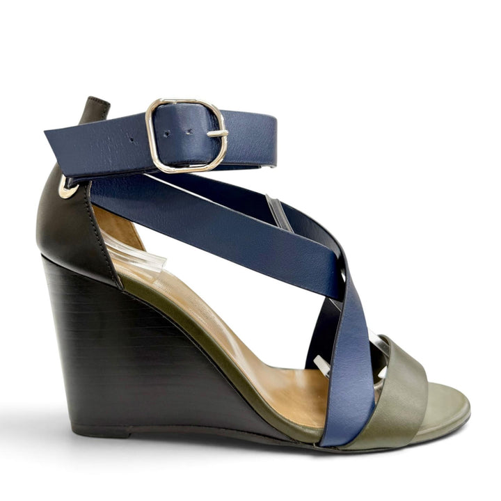 Great HERMES Sandals Cross-strap wedge sandals Navy leather Women 36