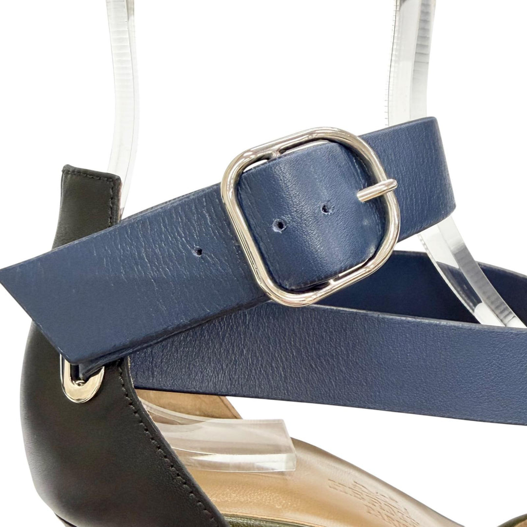 Great HERMES Sandals Cross-strap wedge sandals Navy leather Women 36
