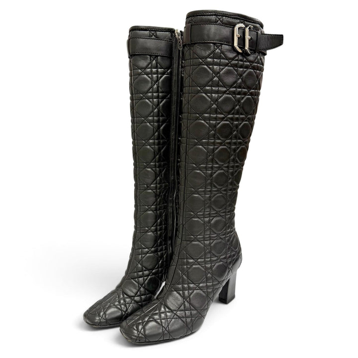 Excellent Christian Dior Knee-high boots Cannage Side Zip Leather black 36