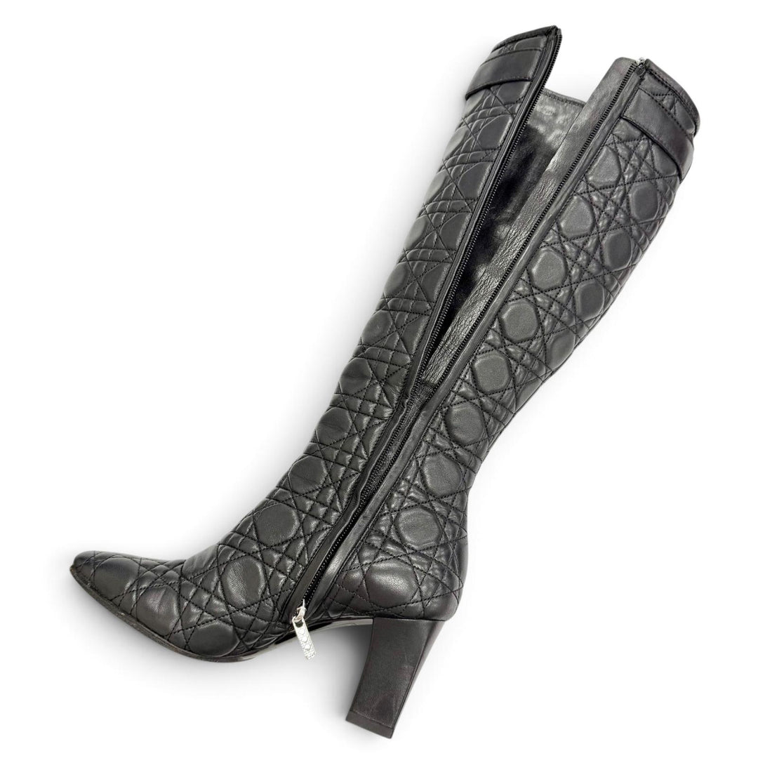 Excellent Christian Dior Knee-high boots Cannage Side Zip Leather black 36