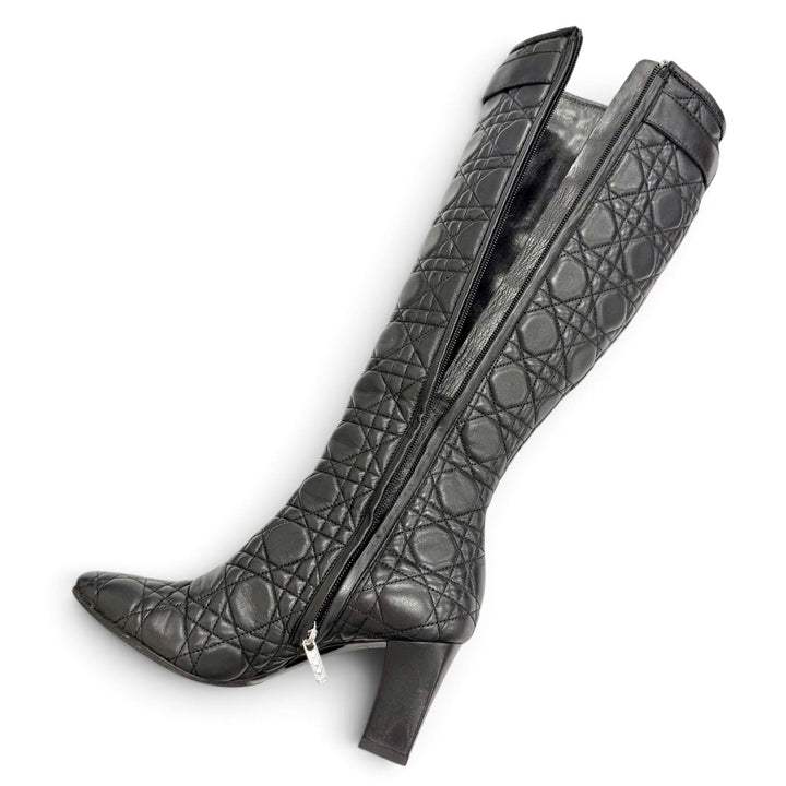 Excellent Christian Dior Knee-high boots Cannage Side Zip Leather black 36