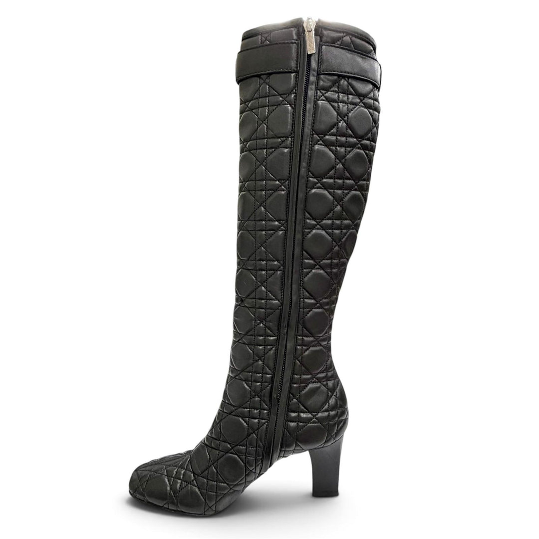 Excellent Christian Dior Knee-high boots Cannage Side Zip Leather black 36
