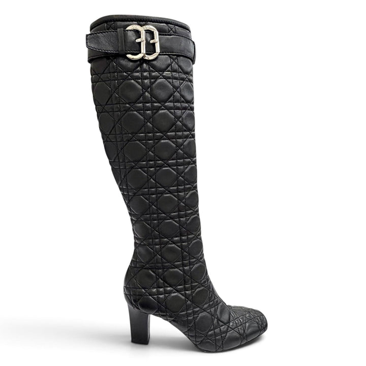 Excellent Christian Dior Knee-high boots Cannage Side Zip Leather black 36