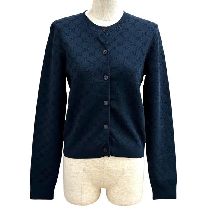 Pristine GUCCI GG Fine Fabric Jacquard Cardigan Navy Rayon Women M 864991