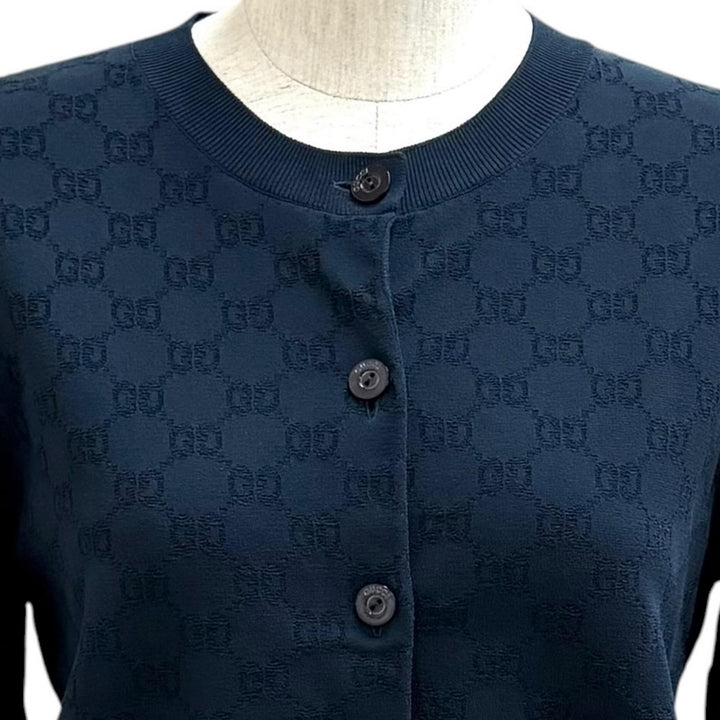 Pristine GUCCI GG Fine Fabric Jacquard Cardigan Navy Rayon Women M 864991