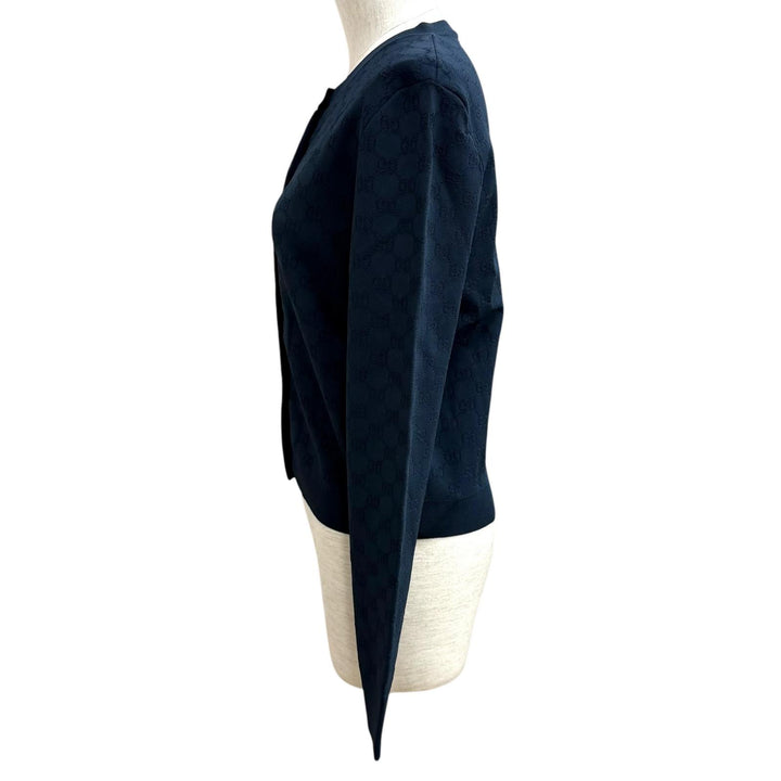 Pristine GUCCI GG Fine Fabric Jacquard Cardigan Navy Rayon Women M 864991