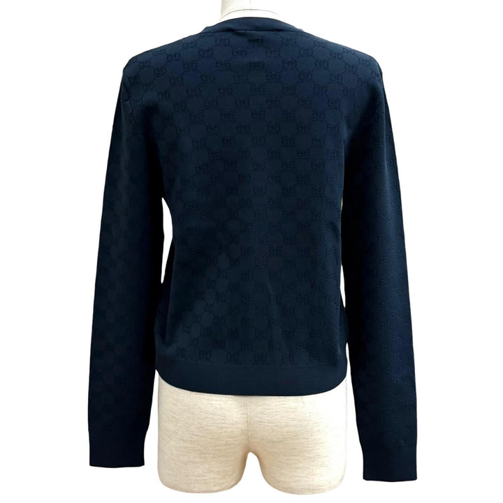 Pristine GUCCI GG Fine Fabric Jacquard Cardigan Navy Rayon Women M 864991