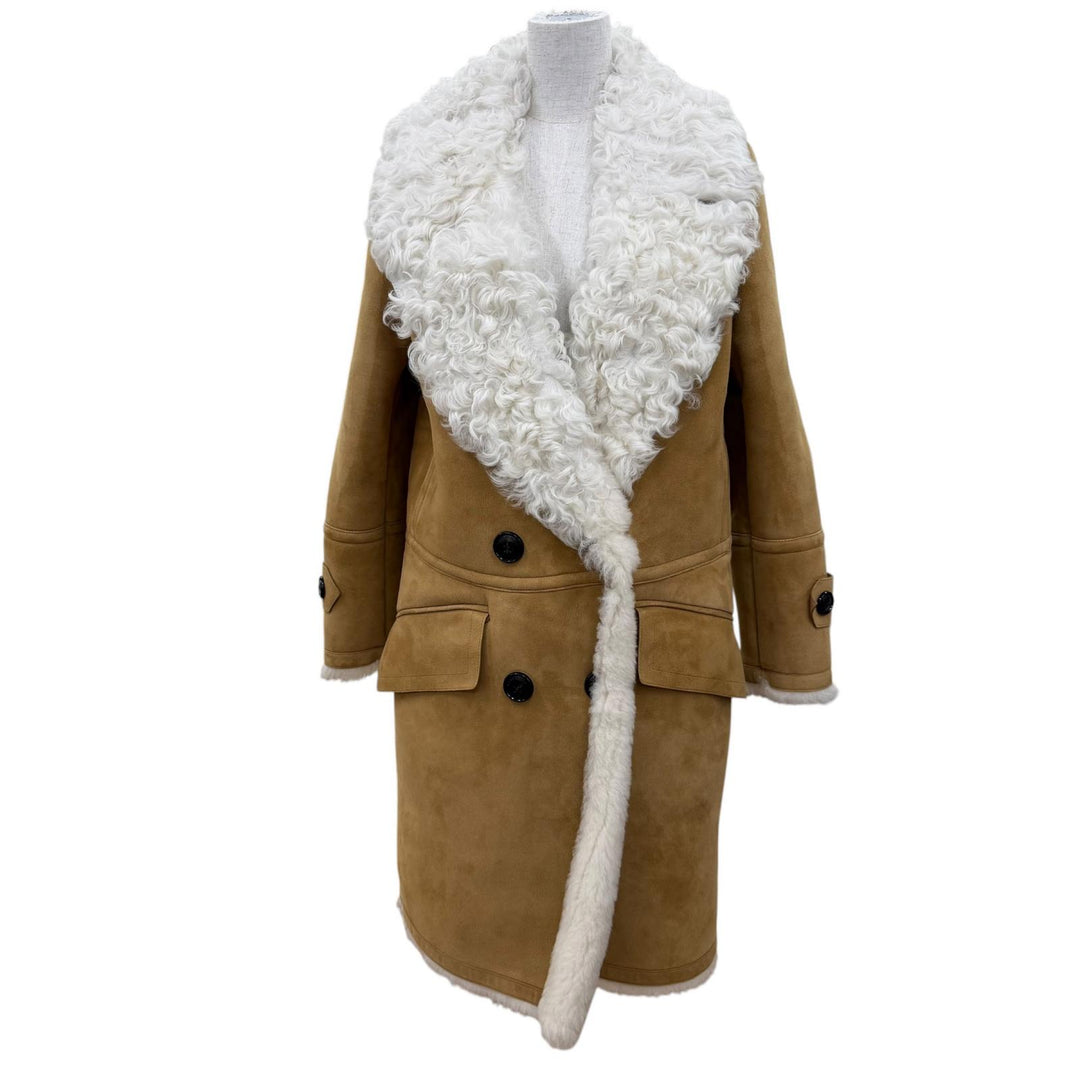 Excellent BURBERRY Mouton coat Logo button beige Sheepskin Leather 38 4028088