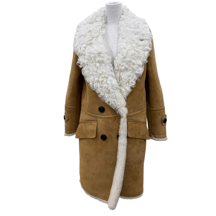 Excellent BURBERRY Mouton coat Logo button beige Sheepskin Leather 38 4028088