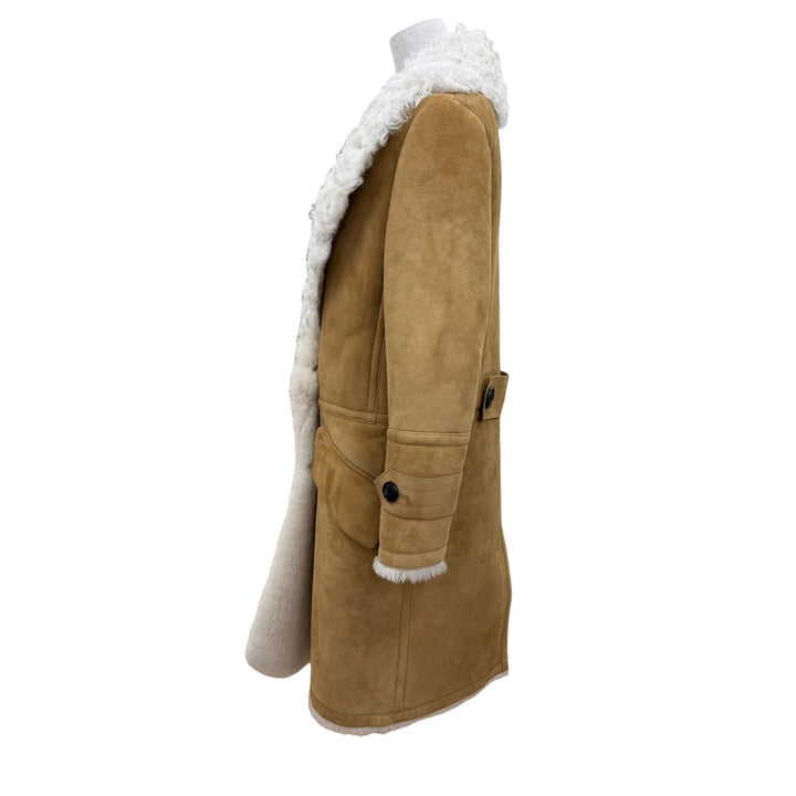 Excellent BURBERRY Mouton coat Logo button beige Sheepskin Leather 38 4028088