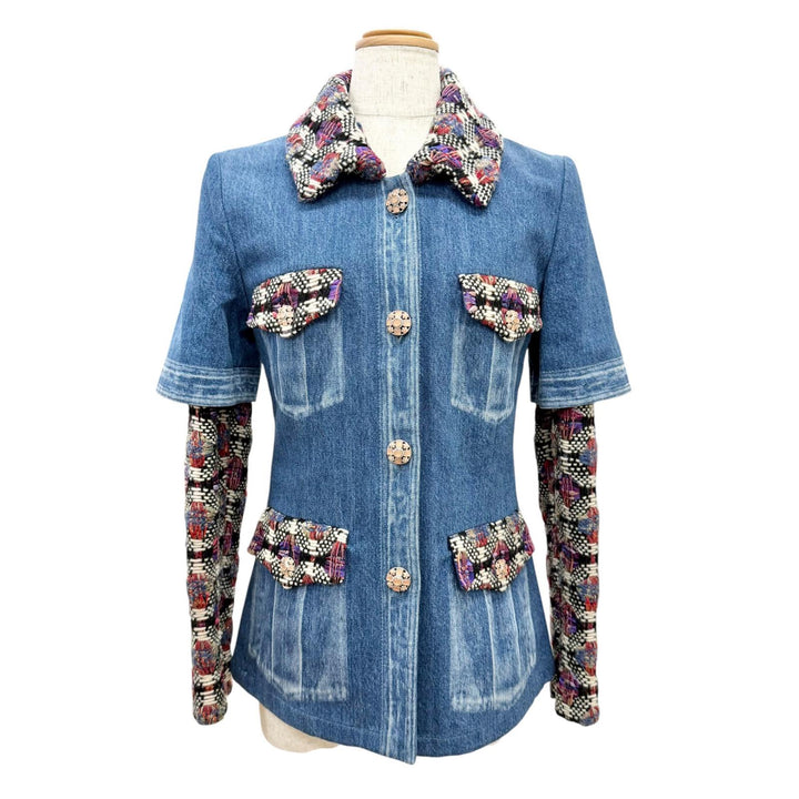 Excellent CHANEL Denim Jacket COCO Mark Gripoa Button Tweed 34 P55073V41214