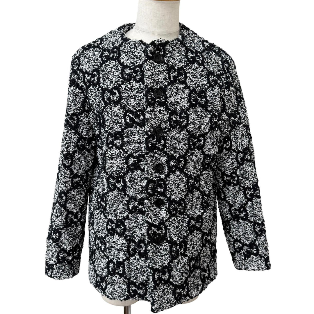 Excellent GUCCI Jacket GG logo all-over print collarless tweed black cotton