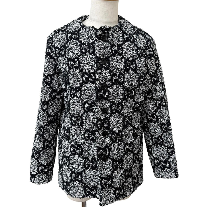 Excellent GUCCI Jacket GG logo all-over print collarless tweed black cotton
