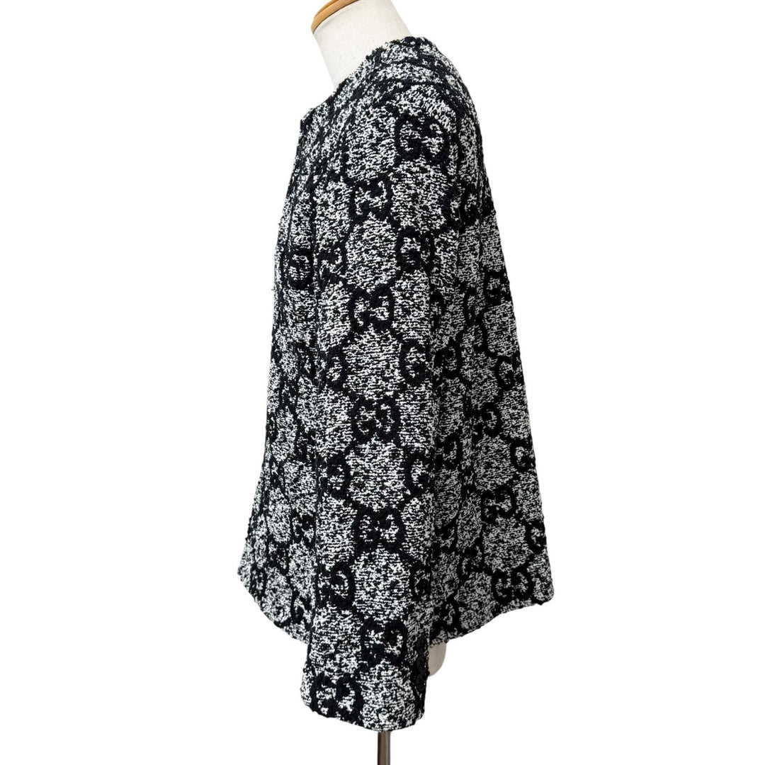 Excellent GUCCI Jacket GG logo all-over print collarless tweed black cotton