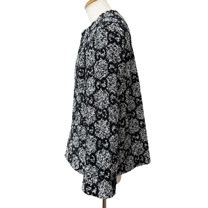 Excellent GUCCI Jacket GG logo all-over print collarless tweed black cotton