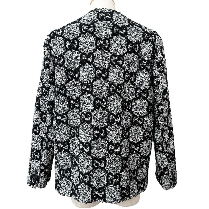 Excellent GUCCI Jacket GG logo all-over print collarless tweed black cotton