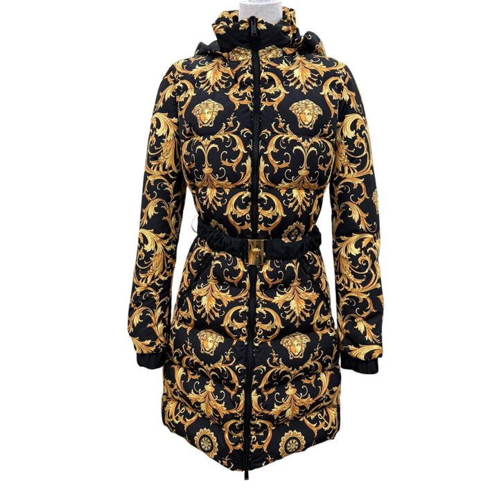Excellent VERSACE down coat Medusa Metal Belted Baroque Long Dress 36 A88828S