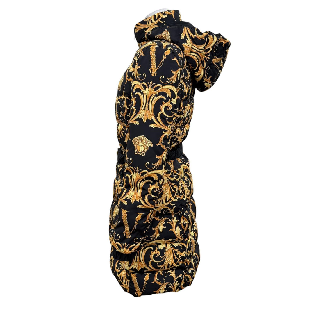 Excellent VERSACE down coat Medusa Metal Belted Baroque Long Dress 36 A88828S