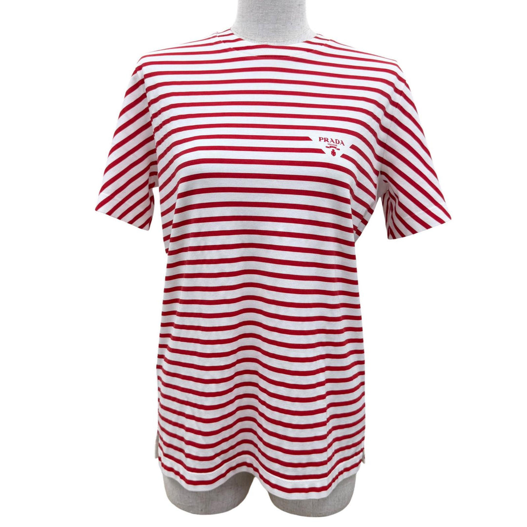 Pristine PRADA Short sleeve T-shirt Logo-print striped crew neck Red Women XS