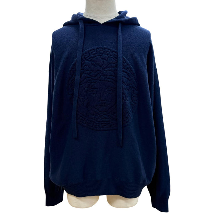 Great VERSACE sweater Medusa knit hoodie pullover blue wool mens L A87203