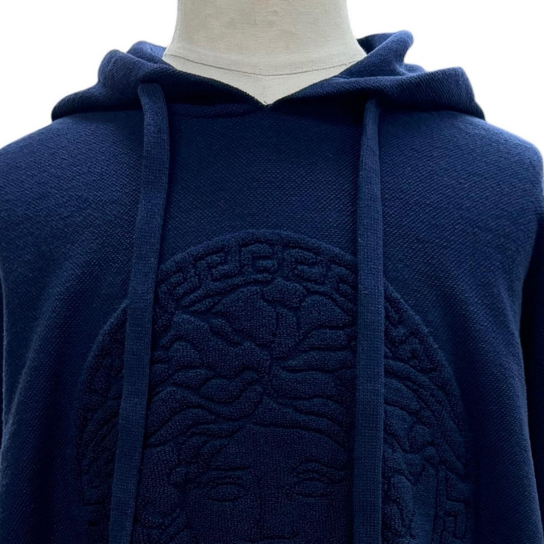 Great VERSACE sweater Medusa knit hoodie pullover blue wool mens L A87203