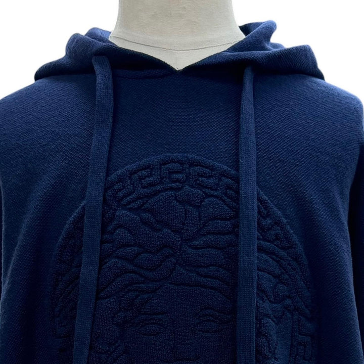 Great VERSACE sweater Medusa knit hoodie pullover blue wool mens L A87203